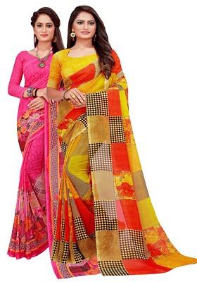 Magenta Embroidered Georgette Saree Set (Set Of 2)
