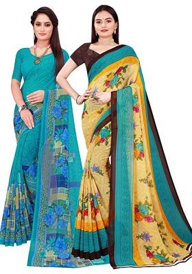 Turquoise Blue Floral Georgette Saree Set (Set Of 2)