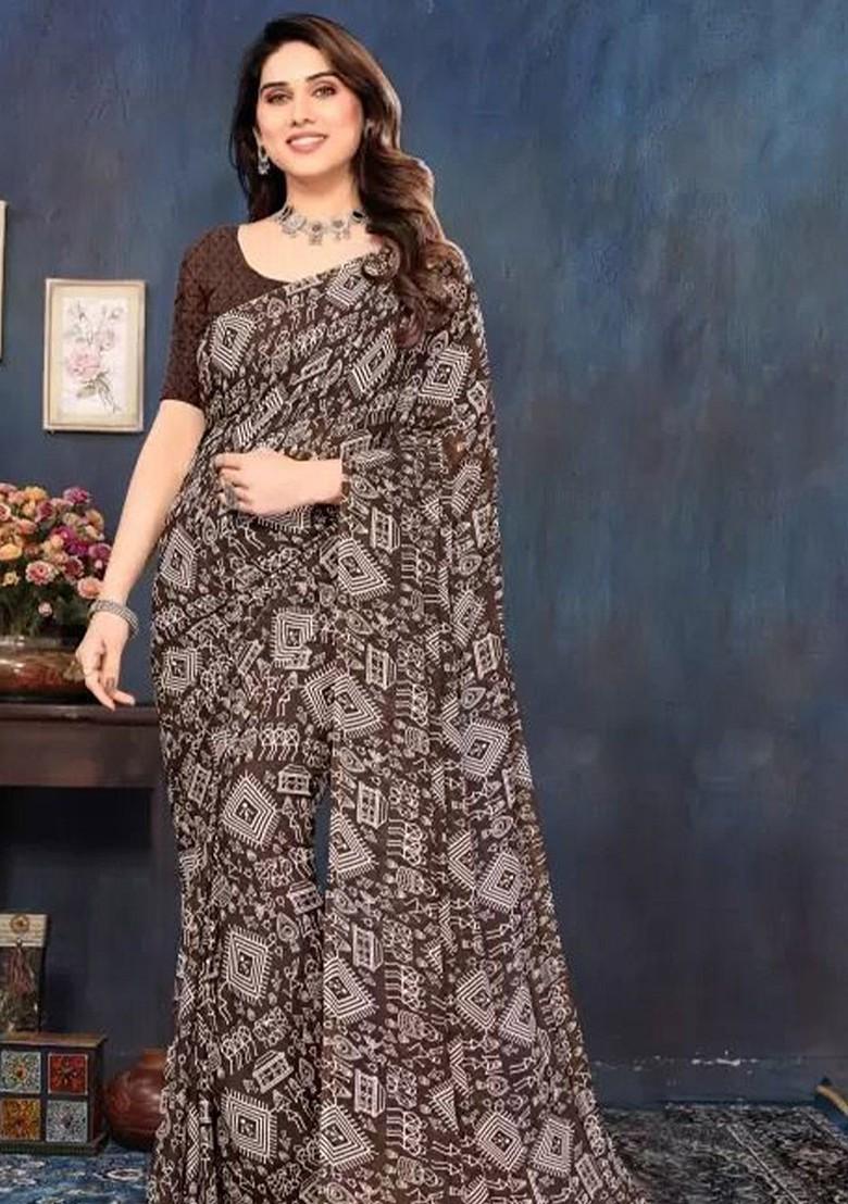 Brown Printed Georgette Saree Set