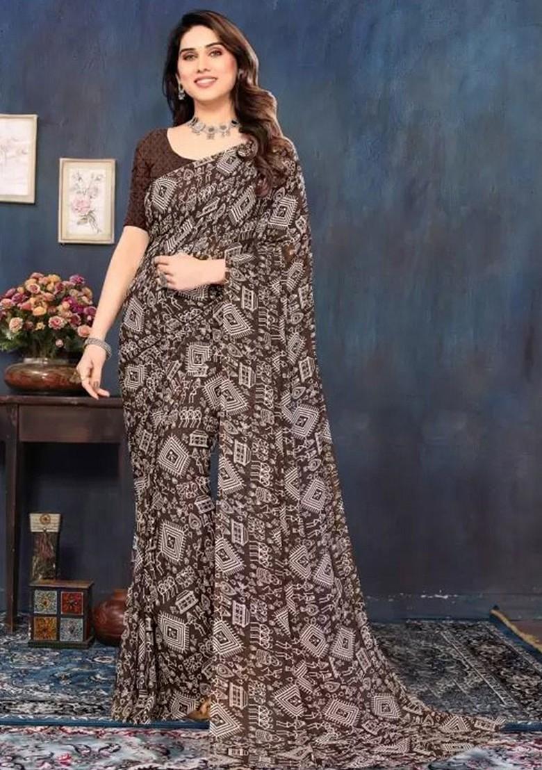 Brown Printed Georgette Saree Set