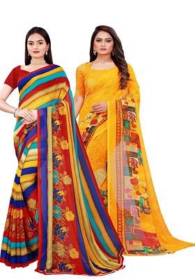 Multi Embroidered Georgette Saree Set (Set Of 2)