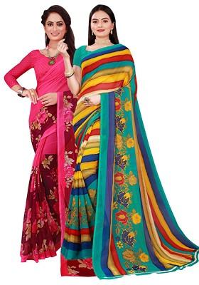 Magenta Embroidered Net Saree Set (Set Of 2)