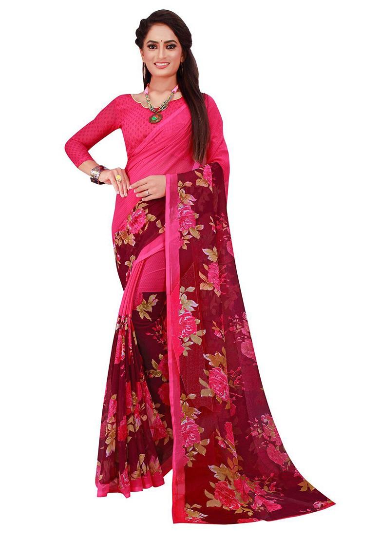 Magenta Embroidered Net Saree Set (Set Of 2)