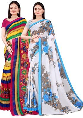 White Embroidered Georgette Saree Set (Set Of 2)