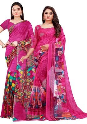 Pink Printed Georgette Saree Set