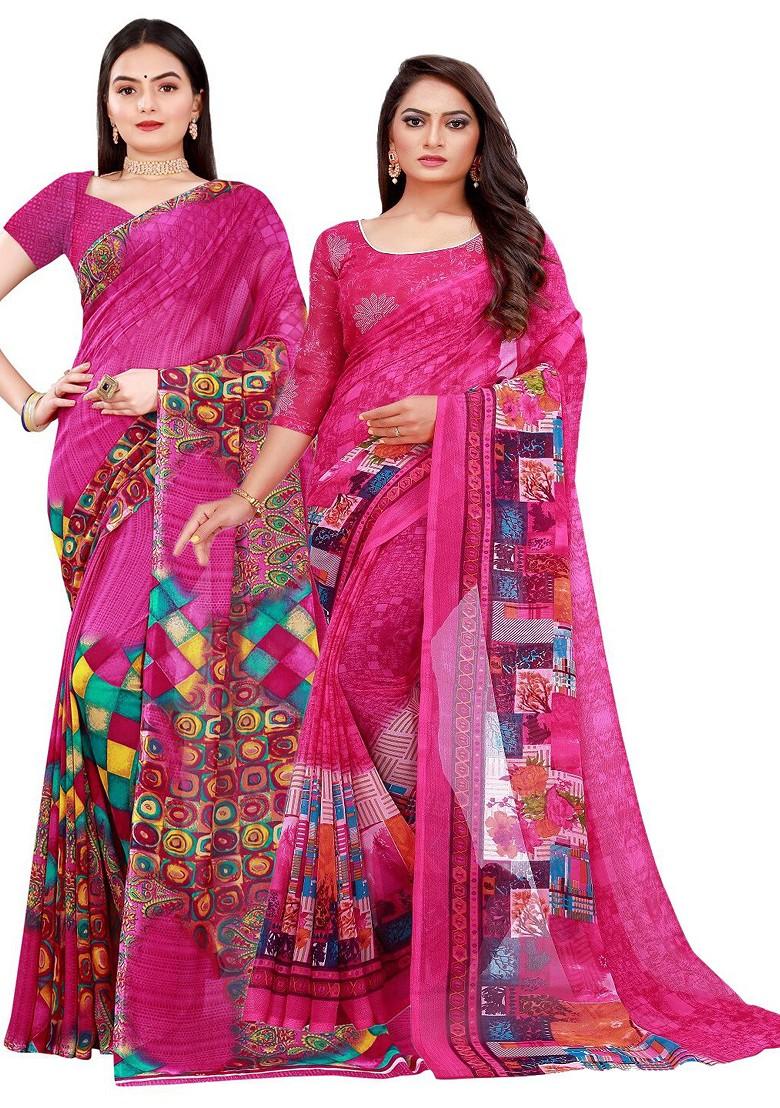 Pink Printed Georgette Saree Set