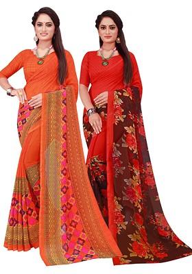 Orange Printed Georgette Saree Set (Set Of 2)