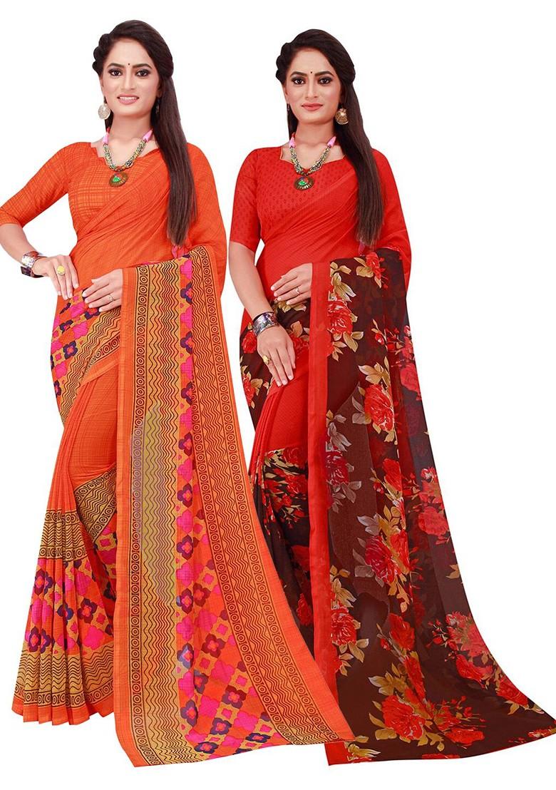Orange Printed Georgette Saree Set (Set Of 2)