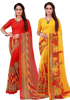 Orange Floral Georgette Saree Set (Set Of 2)