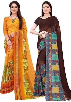 Yellow Floral Poly Blend Saree Set (Set Of 2)