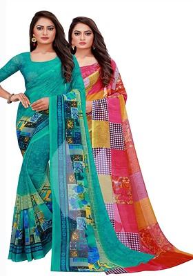 Turquoise Blue Embroidered Georgette Saree Set (Set Of 2)