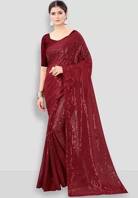 Maroon Embellished Poly Blend Saree Set