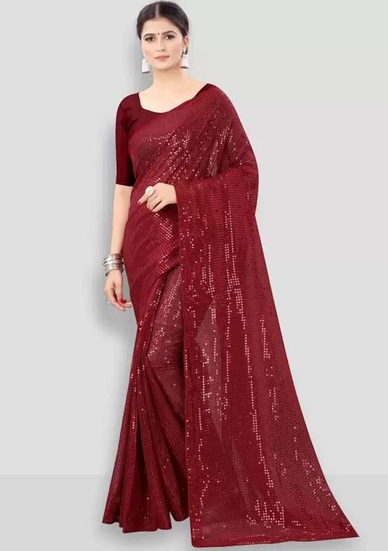 Maroon Embellished Poly Blend Saree Set