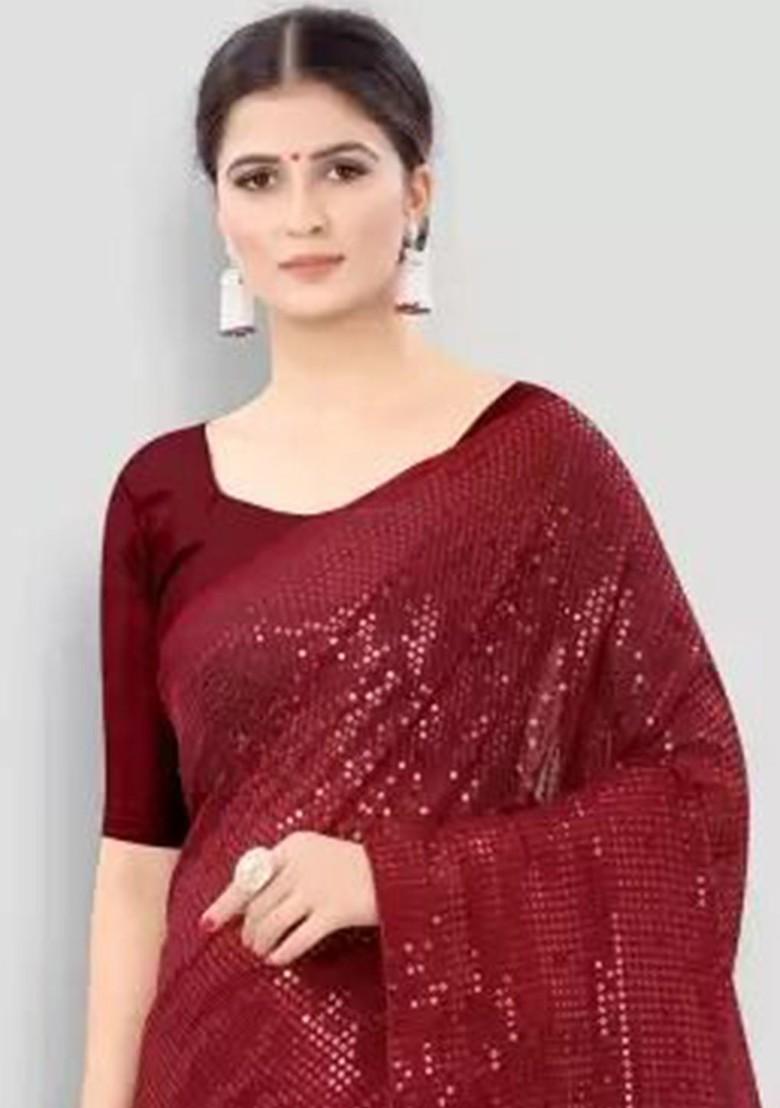Maroon Embellished Poly Blend Saree Set