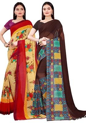 Brown Printed Georgette Saree Set (Set Of 2)