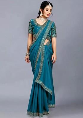 Teal Green Embroidered Poly Blend Saree Set