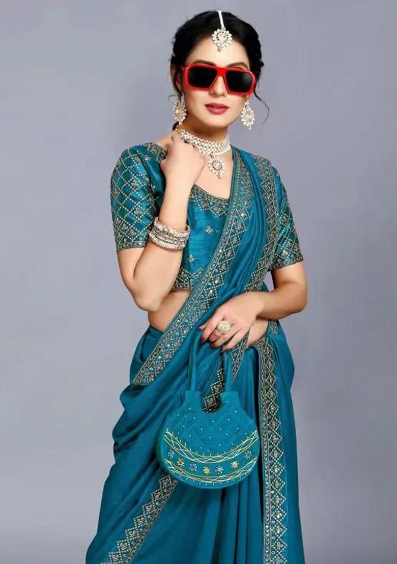 Teal Green Embroidered Poly Blend Saree Set