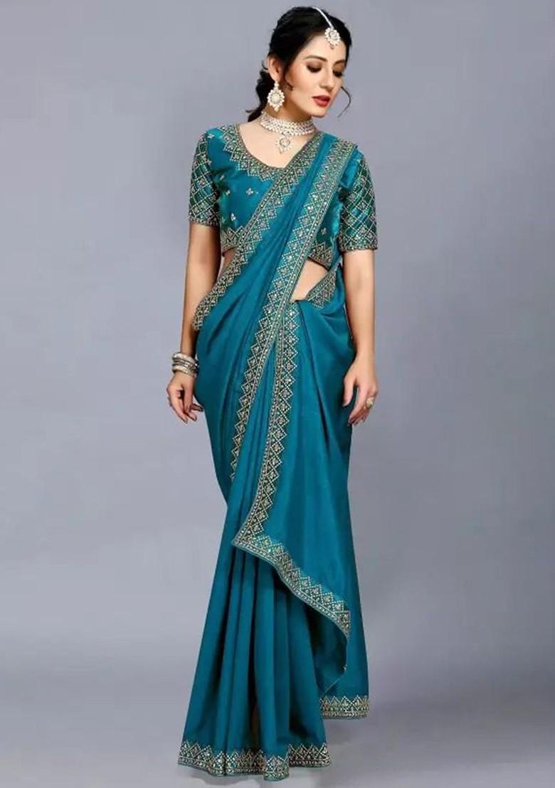 Teal Green Embroidered Poly Blend Saree Set