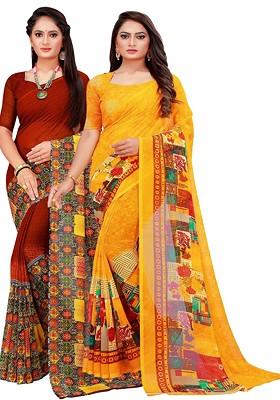 Yellow Floral Poly Blend Saree Set (Set Of 2)