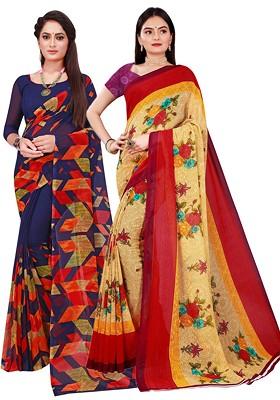 Navy Blue Embroidered Georgette Saree Set (Set Of 2)