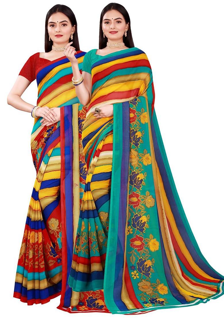 Blue Striped Georgette Saree Set (Set Of 2)