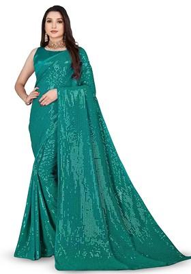 Teal Green Embellished Poly Blend Saree Set