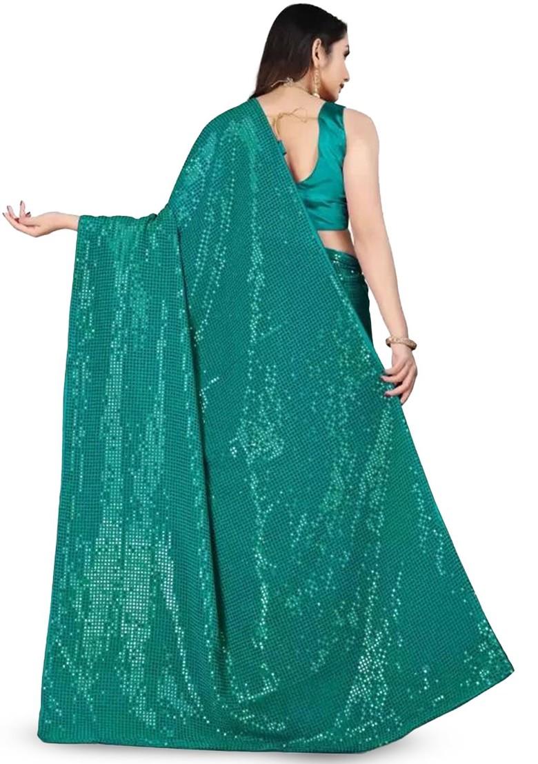 Teal Green Embellished Poly Blend Saree Set