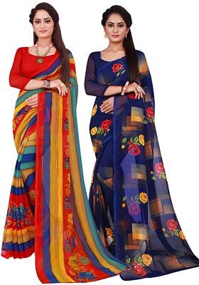 Navy Blue Embroidered Poly Blend Saree Set