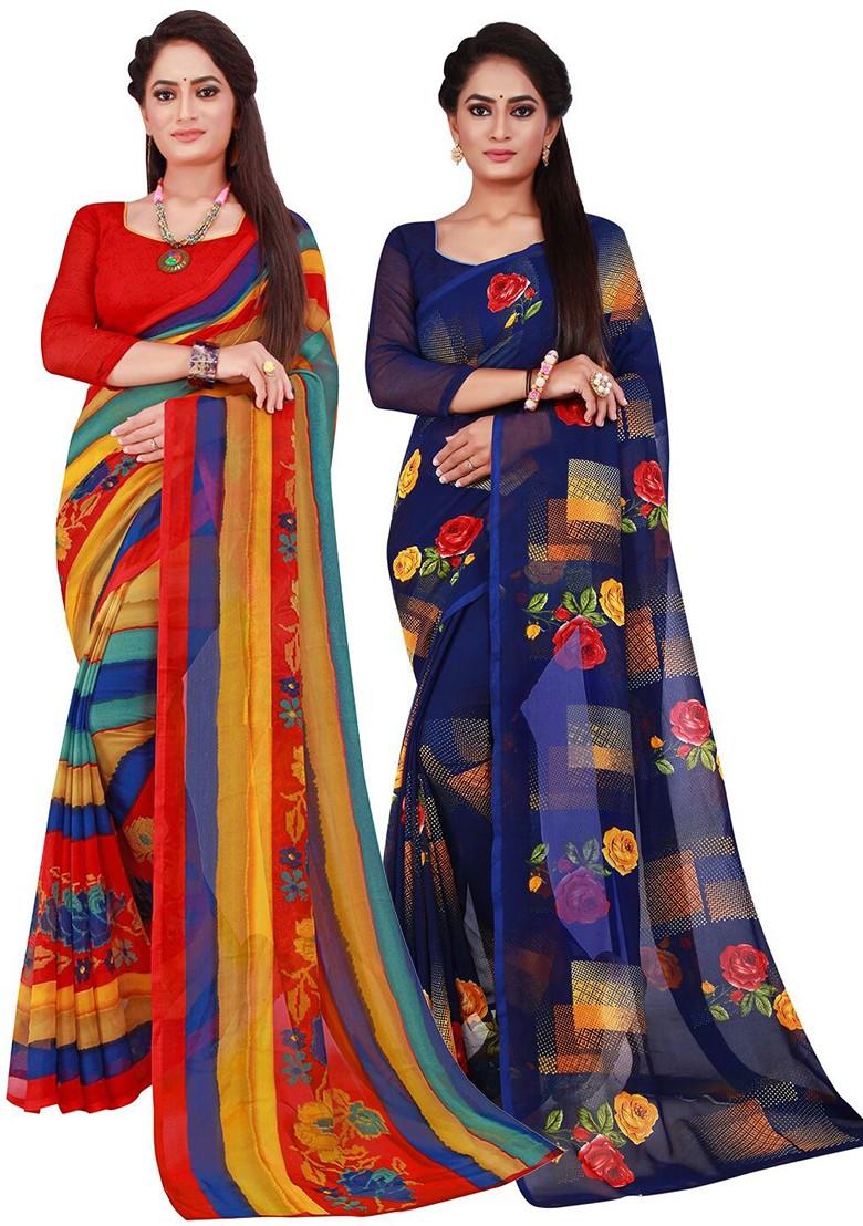 Navy Blue Embroidered Poly Blend Saree Set