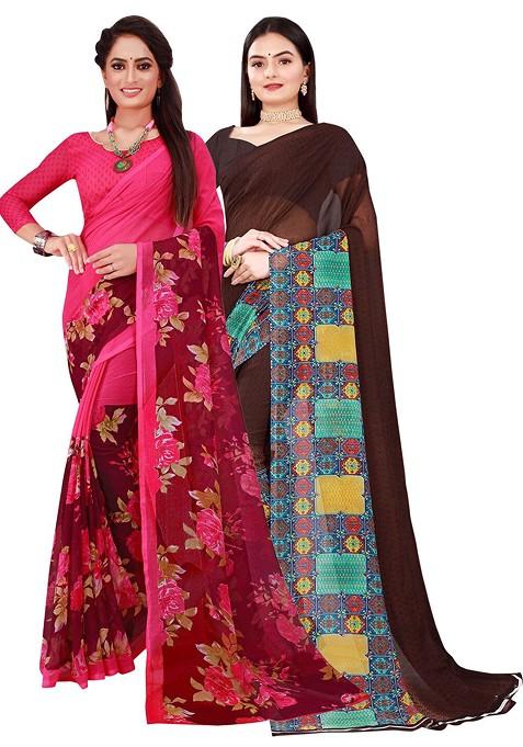 Brown Embroidered Georgette Saree Set