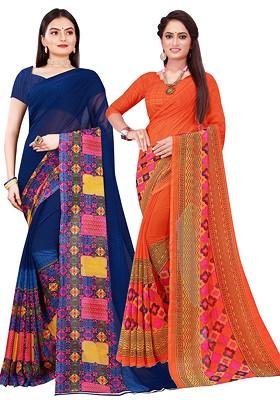 Orange Printed Georgette Saree Set (Set Of 2)