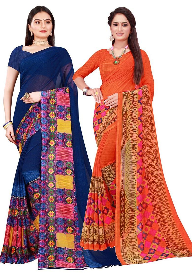 Orange Printed Georgette Saree Set (Set Of 2)
