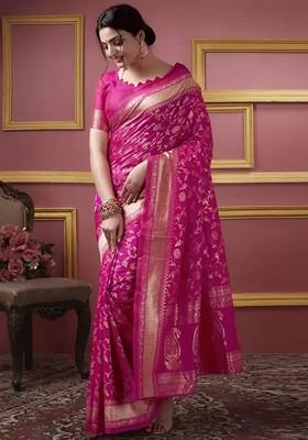 Pink woven Kanjeevaram Saree Set