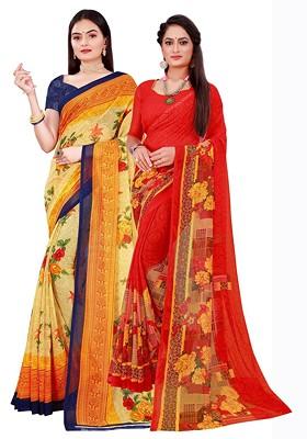 Beige Embroidered Georgette Saree Set (Set Of 2)