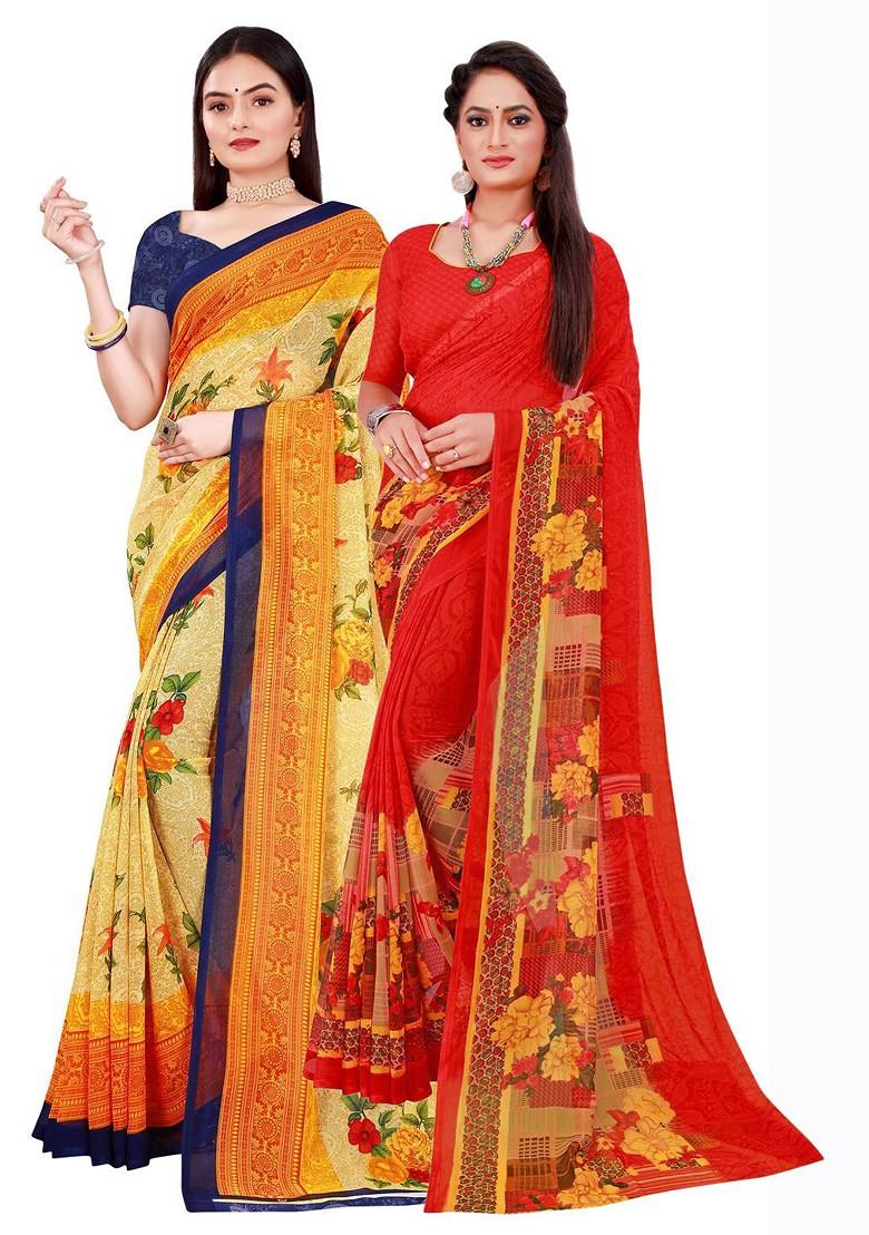 Beige Embroidered Georgette Saree Set (Set Of 2)