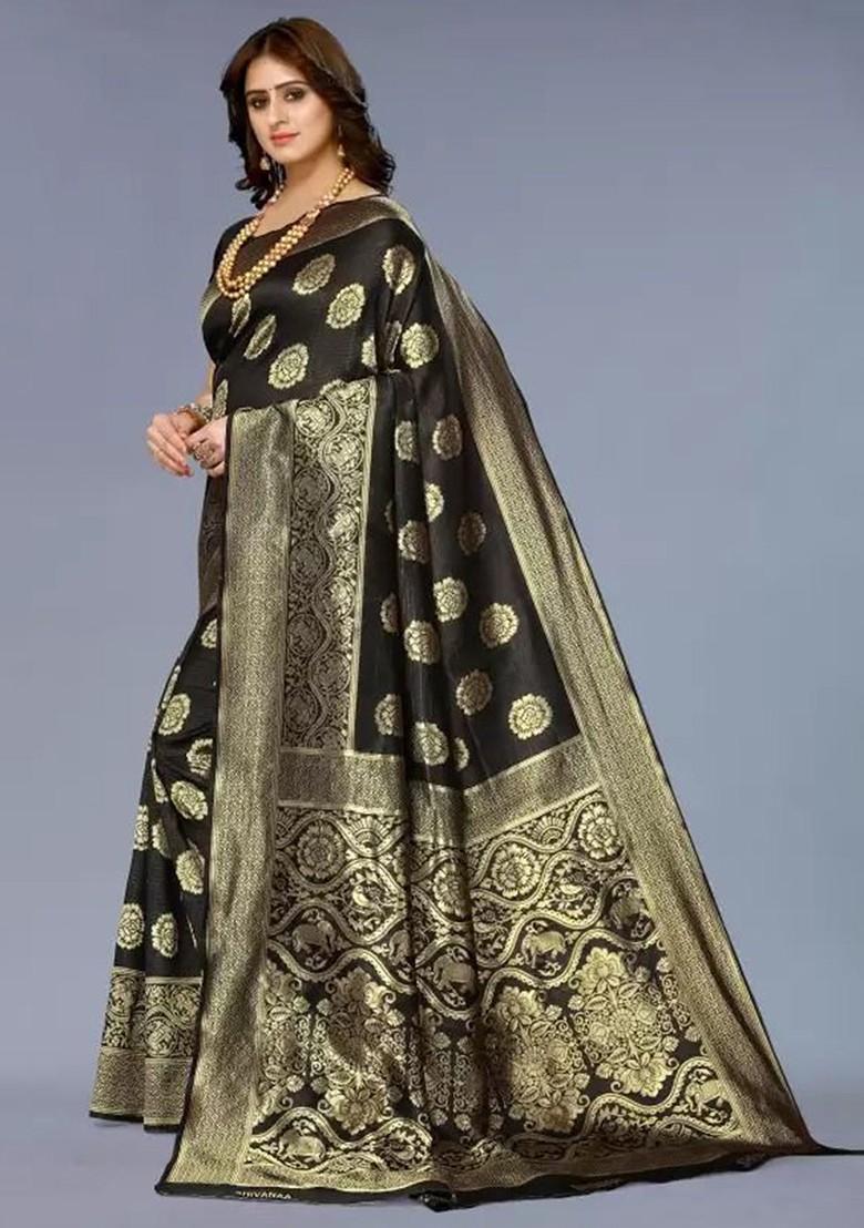 Black woven Banarasi Saree Set