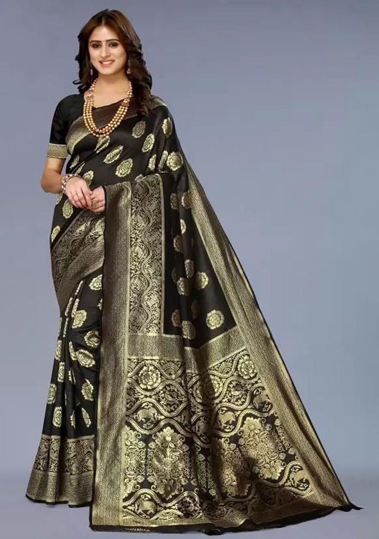 Black woven Banarasi Saree Set