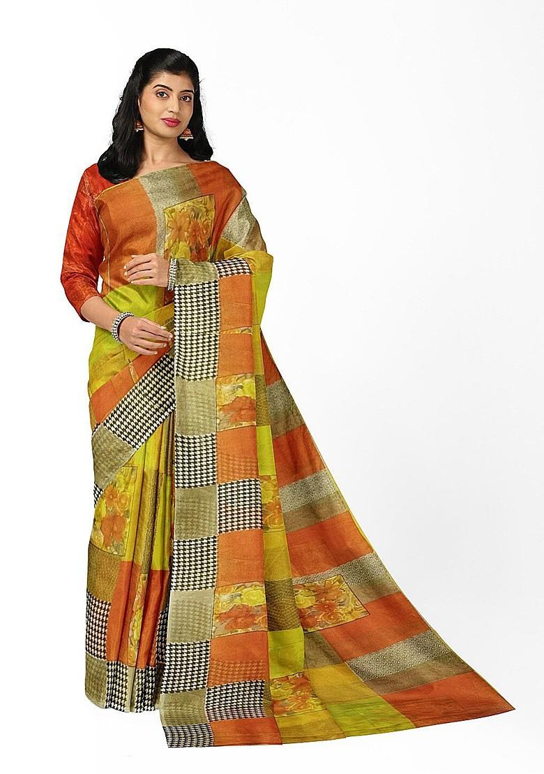 Yellow Printed Georgette Saree Set