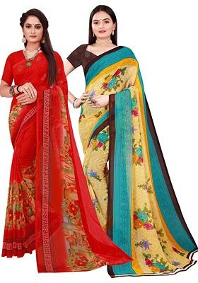 Red Embroidered Poly Blend Saree Set (Set Of 2)
