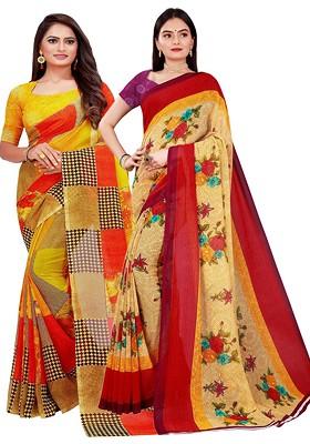 Beige Embroidered Georgette Saree Set (Set Of 2)