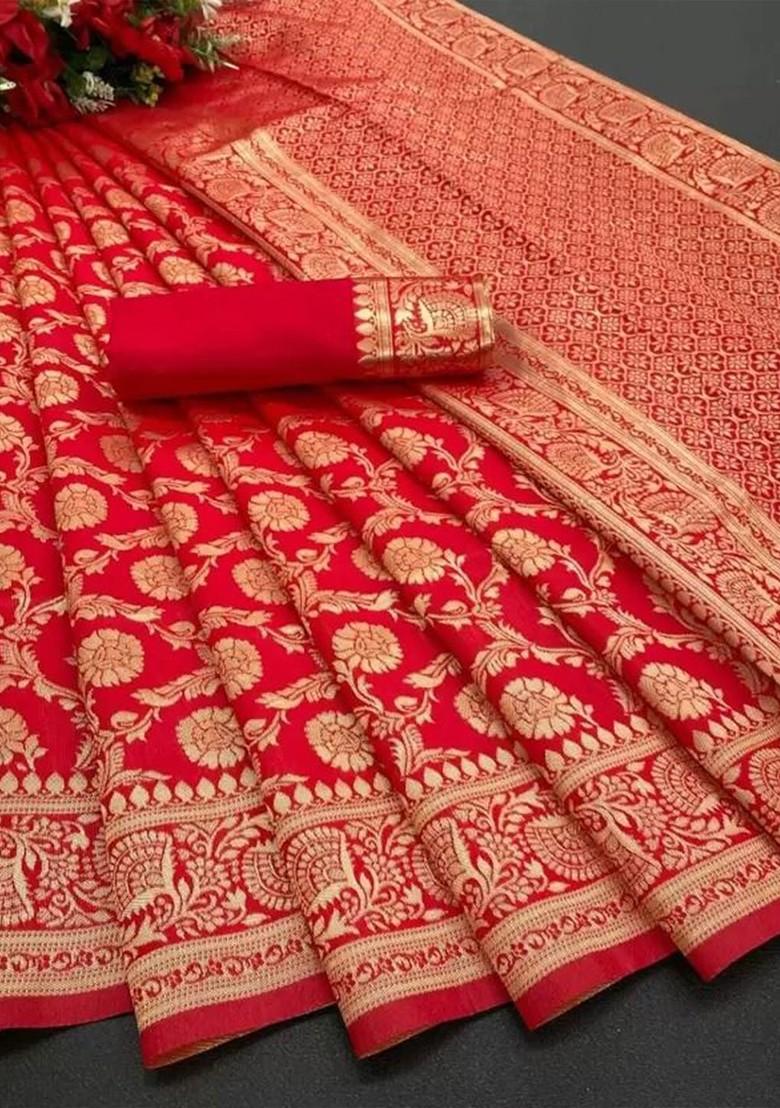 Red woven Silk Saree Set