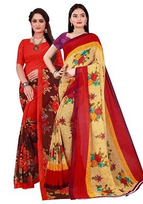 Beige Embroidered Georgette Saree Set (Set Of 2)