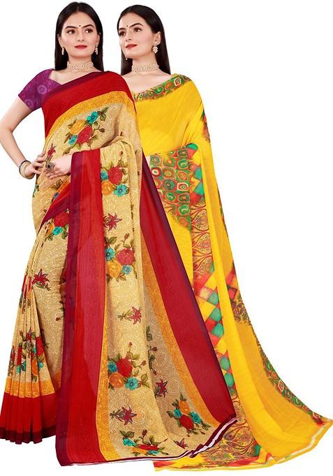 Yellow Embroidered Georgette Saree Set