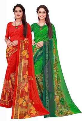 Green Floral Poly Blend Saree Set (Set Of 2)