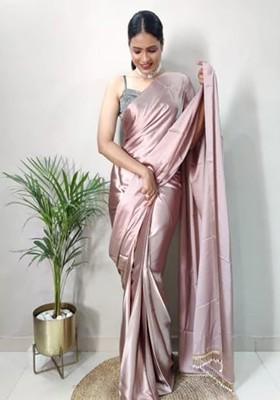 Lavender Embroidered Satin Saree Set