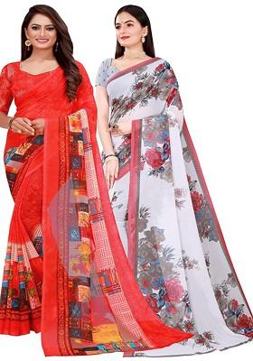 White Floral Georgette Saree Set (Set Of 2)