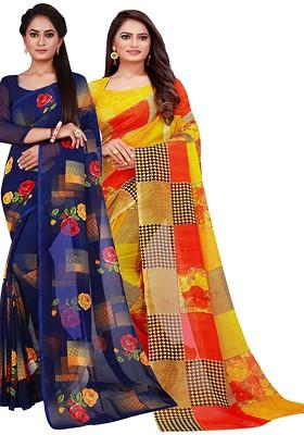 Navy Blue Embroidered Poly Blend Saree Set