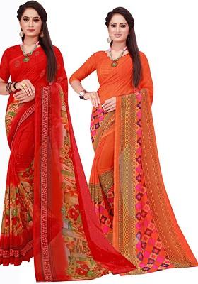 Orange Floral Georgette Saree Set (Set Of 2)