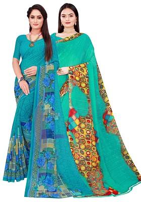 Turquoise Blue Printed Georgette Saree Set