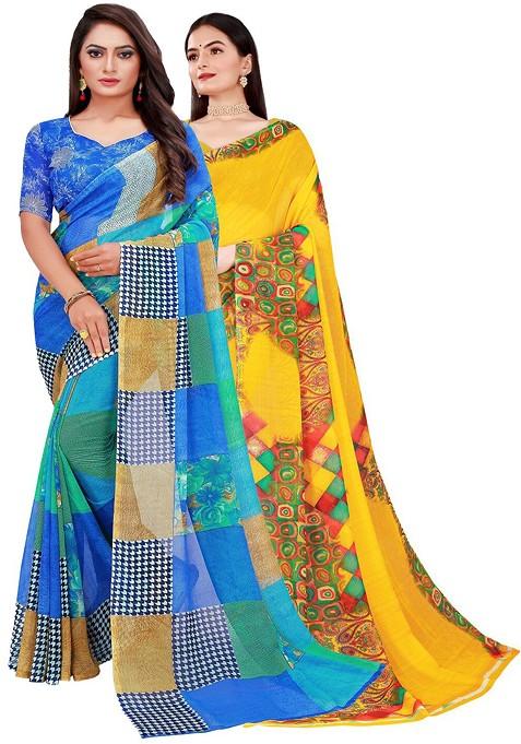 Yellow Embroidered Georgette Saree Set